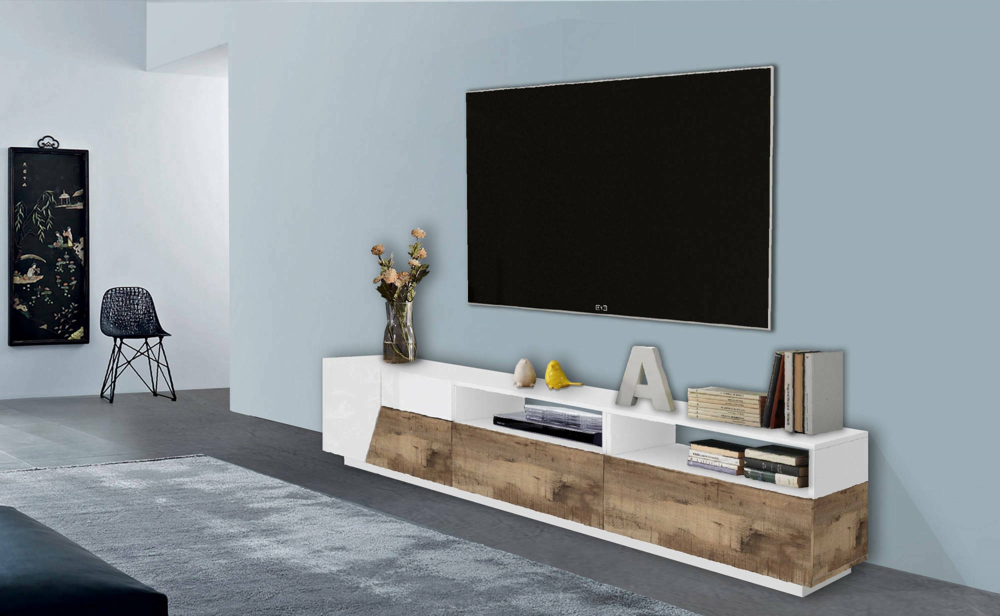 Mobile da soggiorno Porta TV, Made in Italy, Supporto per TV da salotto a 2 ante geometriche e 2 cassetti, Cm 200x43h46, Bianco lucido e Acero