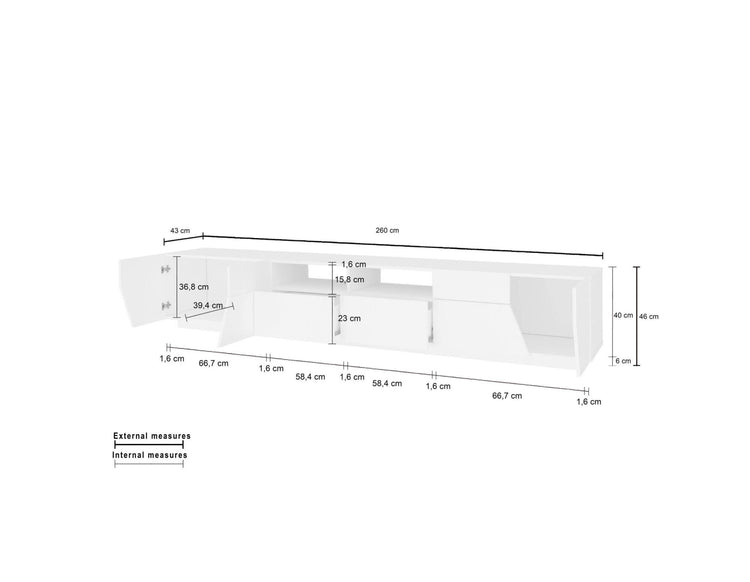 Mobile da soggiorno Porta TV, Made in Italy, Credenza per TV da salotto a 4 ante geometriche e 2 cassetti, Cm 260x43h46, Bianco lucido