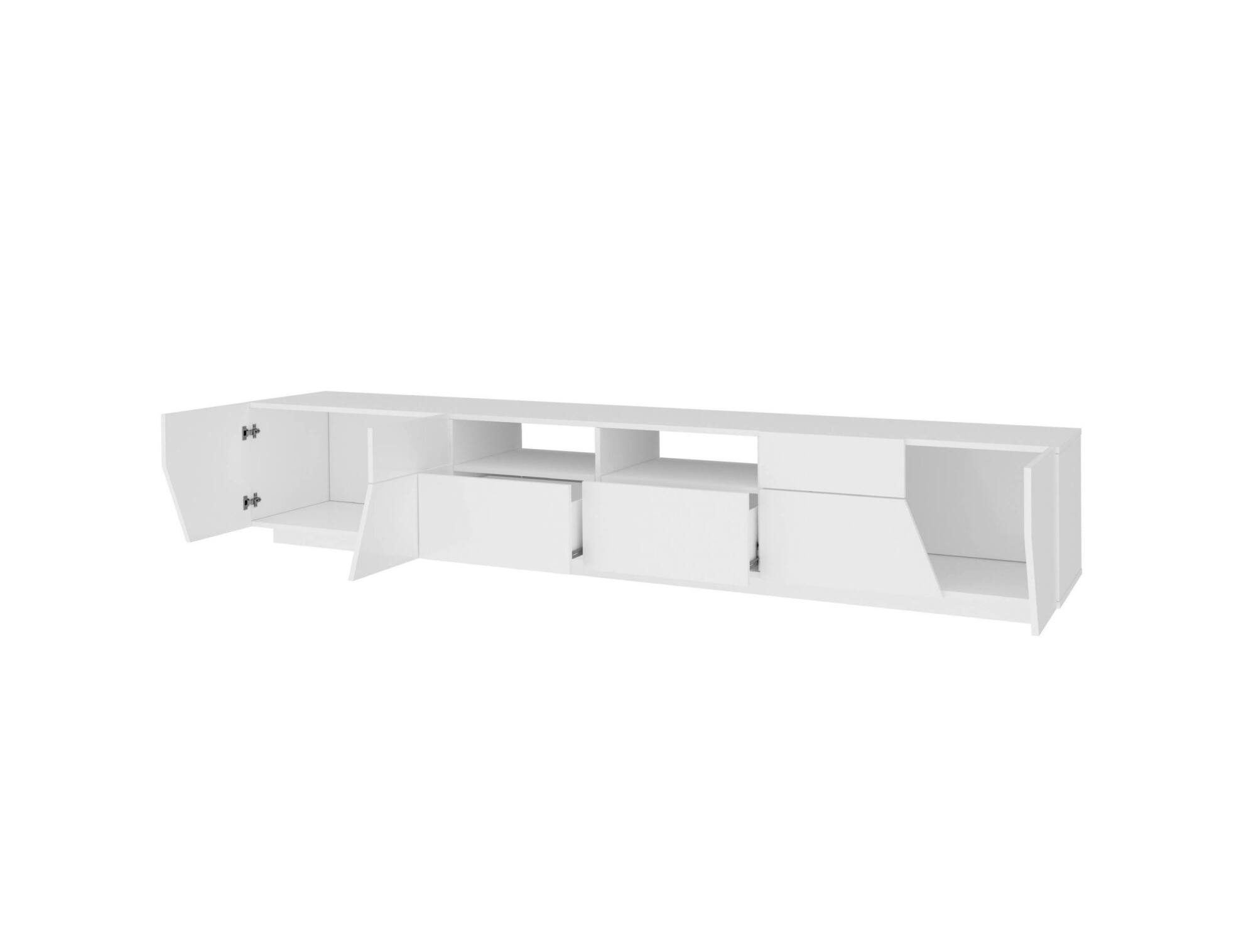 Mobile da soggiorno Porta TV, Made in Italy, Credenza per TV da salotto a 4 ante geometriche e 2 cassetti, Cm 260x43h46, Bianco lucido