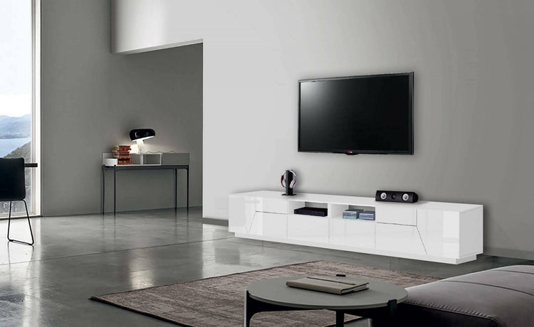 Mobile da soggiorno Porta TV, Made in Italy, Credenza per TV da salotto a 4 ante geometriche e 2 cassetti, Cm 260x43h46, Bianco lucido