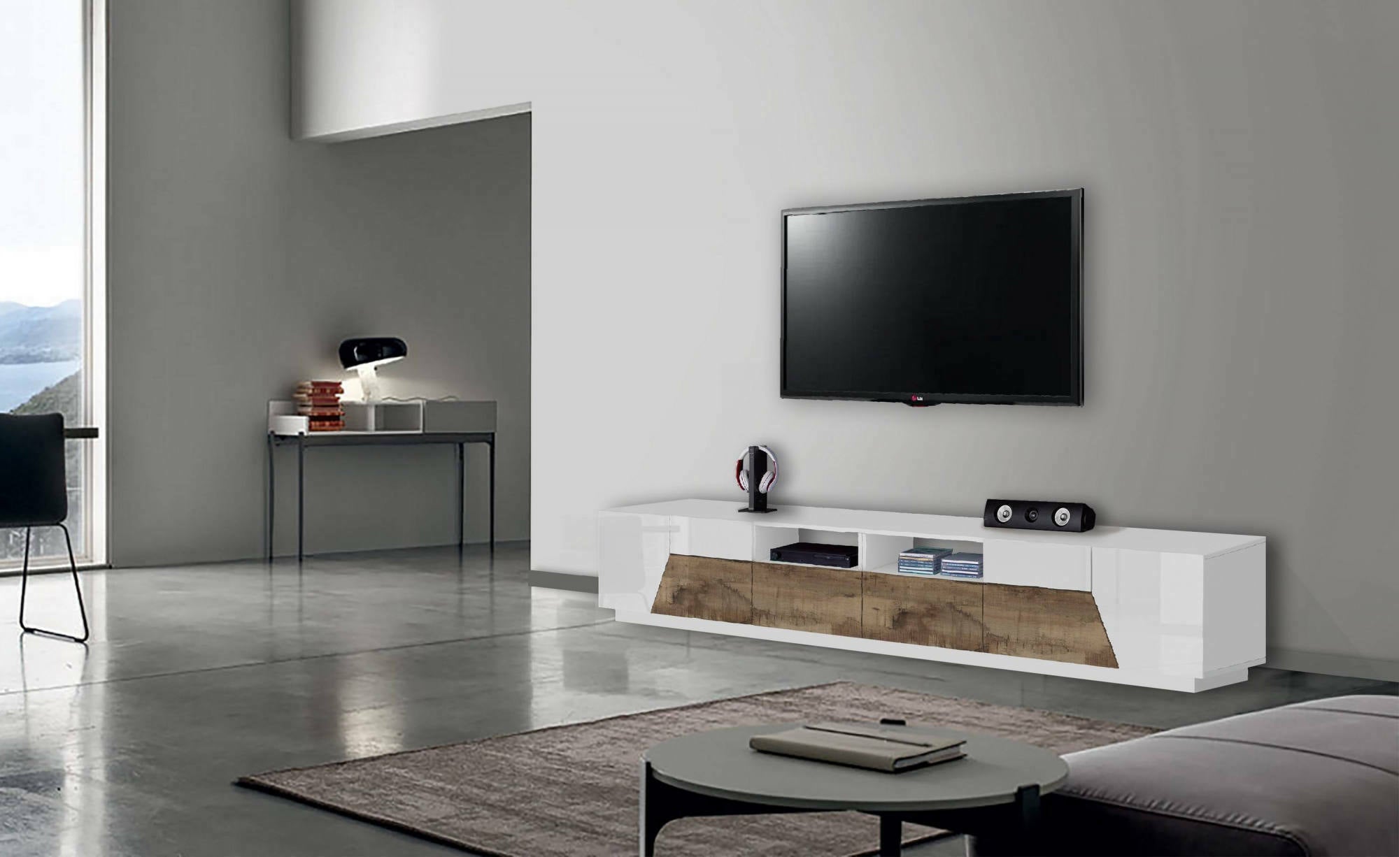 Mobile da soggiorno Porta TV, Made in Italy, Credenza per TV da salotto a 4 ante geometriche e 2 cassetti, Cm 260x43h46, Bianco lucido e Acero