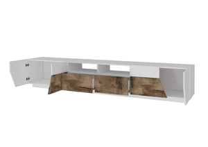 Mobile da soggiorno Porta TV, Made in Italy, Credenza per TV da salotto a 4 ante geometriche e 2 cassetti, Cm 260x43h46, Bianco lucido e Acero