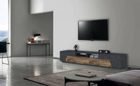 Mobile da soggiorno Porta TV, Made in Italy, Credenza per TV da salotto a 4 ante geometriche e 2 cassetti, Cm 260x43h46, Ardesia e Acero