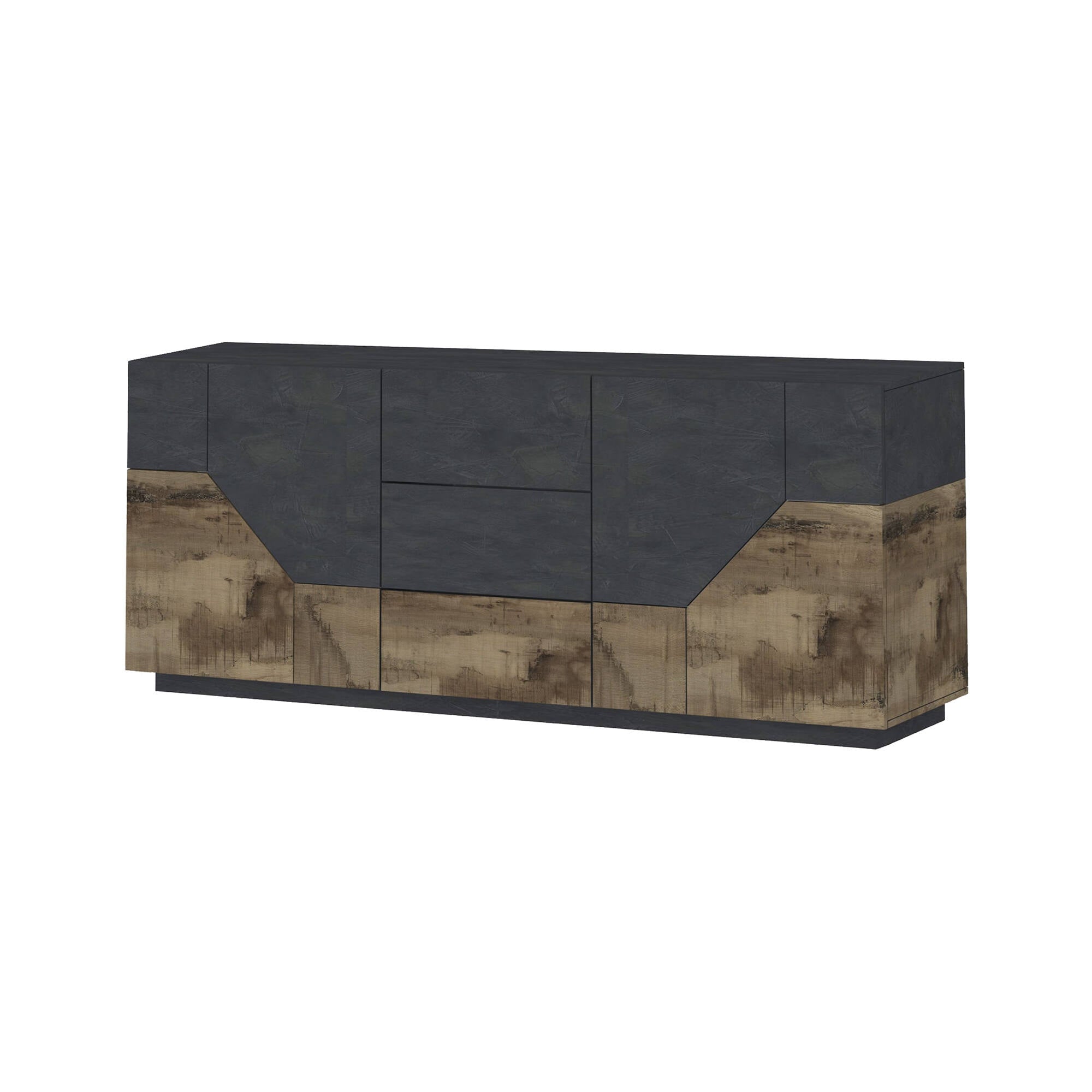 Credenza moderna a 4 ante geometriche e 3 cassetti, Made in Italy, Madia da cucina, Buffet di design da soggiorno, Cm 220x43h86, Ardesia e Acero