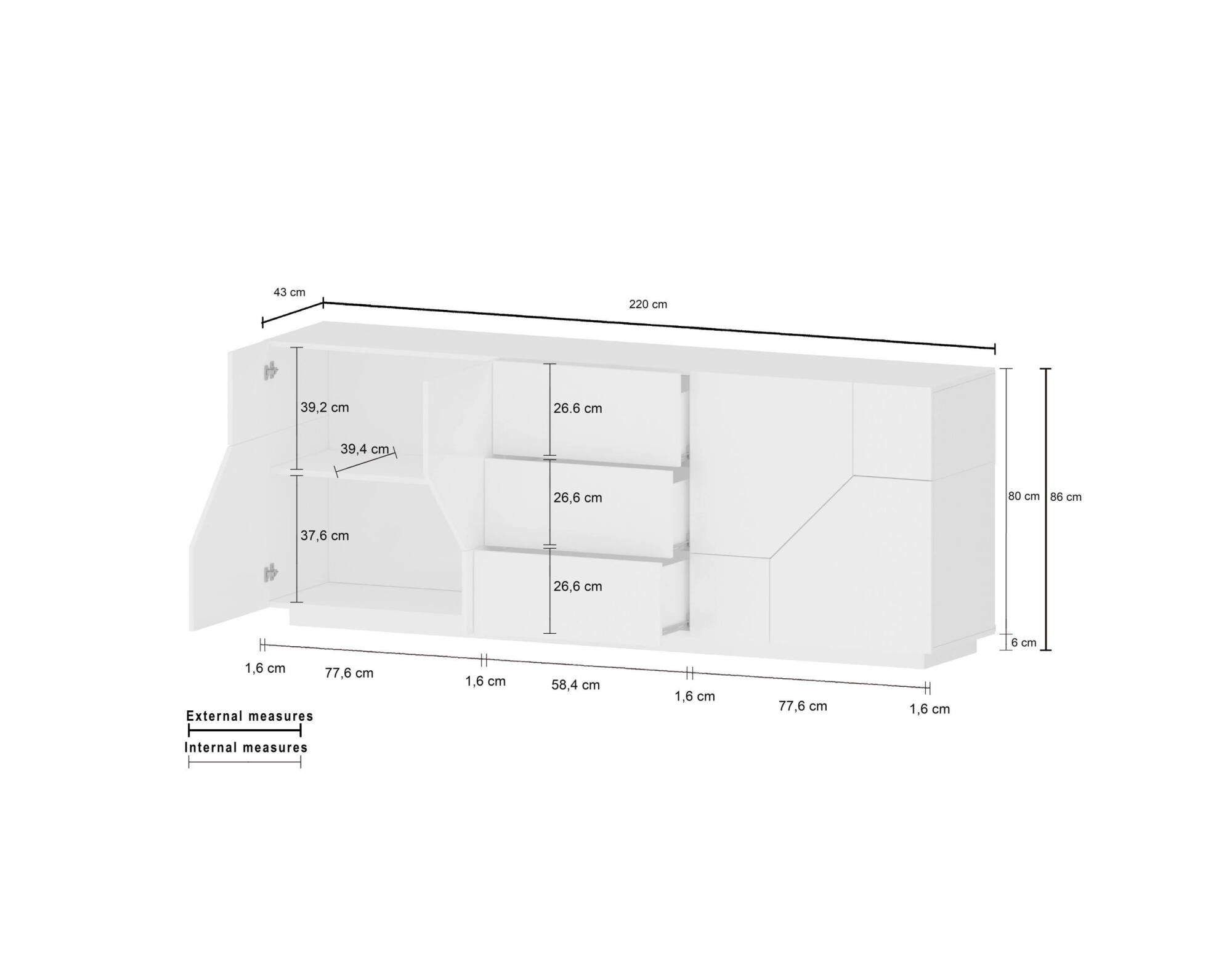 Credenza moderna a 4 ante geometriche e 3 cassetti, Made in Italy, Madia da cucina, Buffet di design da soggiorno, Cm 220x43h86, Ardesia e Acero