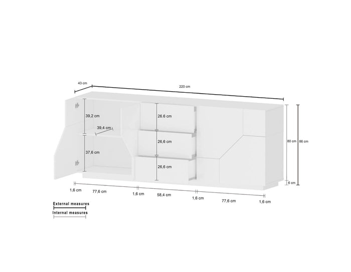 Credenza moderna a 4 ante geometriche e 3 cassetti, Made in Italy, Madia da cucina, Buffet di design da soggiorno, Cm 220x43h86, Ardesia e Acero