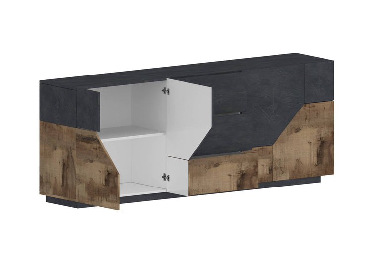 Credenza moderna a 4 ante geometriche e 3 cassetti, Made in Italy, Madia da cucina, Buffet di design da soggiorno, Cm 220x43h86, Ardesia e Acero