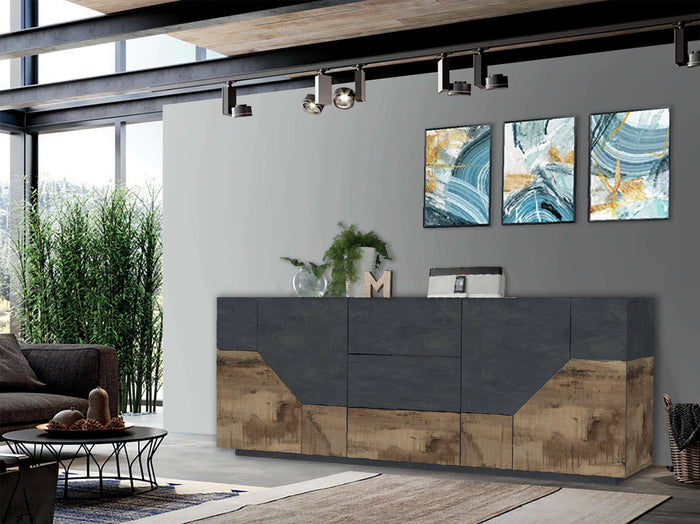 Credenza moderna a 4 ante geometriche e 3 cassetti, Made in Italy, Madia da cucina, Buffet di design da soggiorno, Cm 220x43h86, Ardesia e Acero