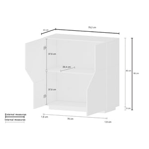 Credenza moderna a 2 ante geometriche, Made in Italy, Madia da cucina, Buffet di design da soggiorno, Cm 79x43h86, Bianco lucido e Acero