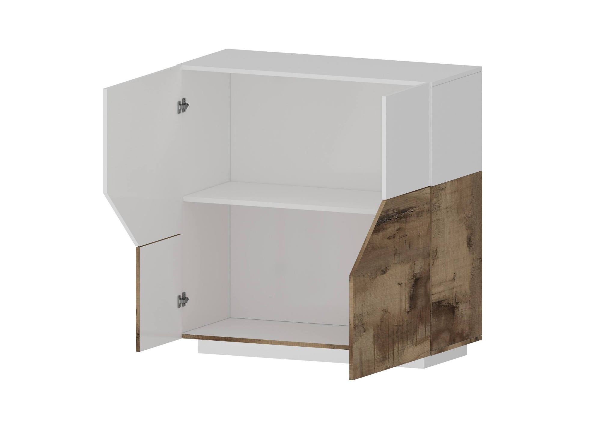 Credenza moderna a 2 ante geometriche, Made in Italy, Madia da cucina, Buffet di design da soggiorno, Cm 79x43h86, Bianco lucido e Acero