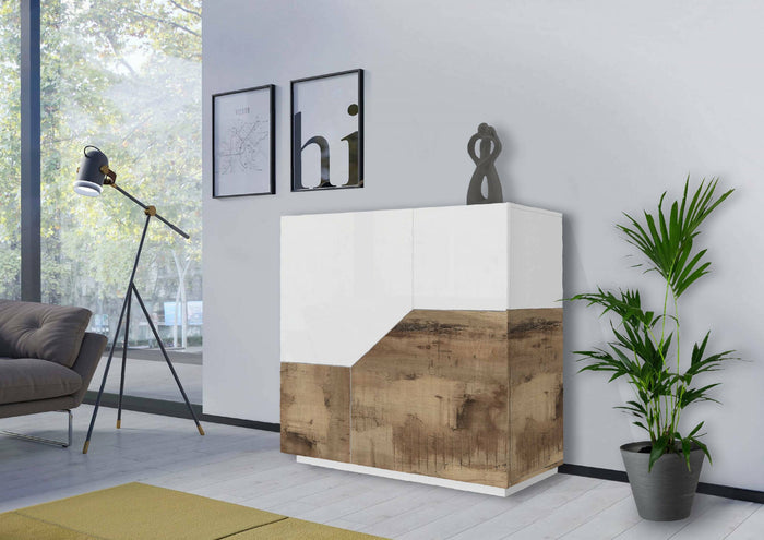 Credenza moderna a 2 ante geometriche, Made in Italy, Madia da cucina, Buffet di design da soggiorno, Cm 79x43h86, Bianco lucido e Acero