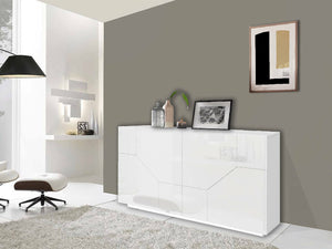 Credenza moderna a 4 ante geometriche, Made in Italy, Madia da cucina, Buffet di design da soggiorno, Cm 159x43h86, Bianco lucido