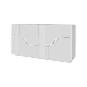 Credenza moderna a 4 ante geometriche, Made in Italy, Madia da cucina, Buffet di design da soggiorno, Cm 159x43h86, Bianco lucido