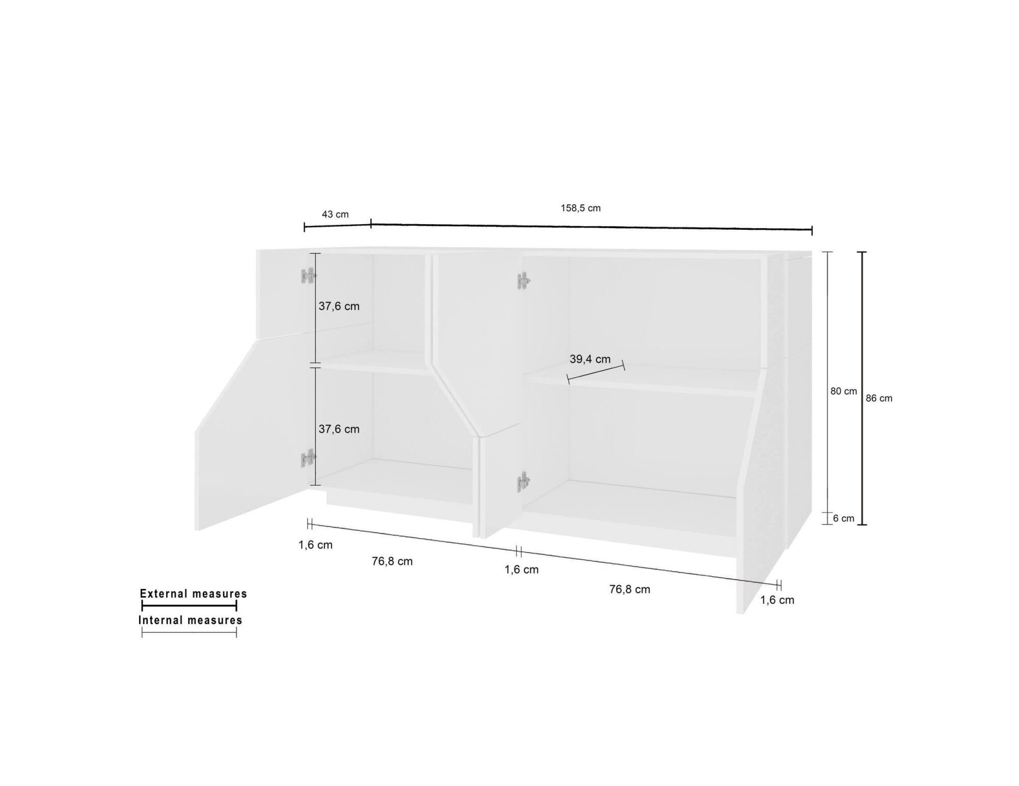 Credenza moderna a 4 ante geometriche, Made in Italy, Madia da cucina, Buffet di design da soggiorno, Cm 159x43h86, Bianco lucido