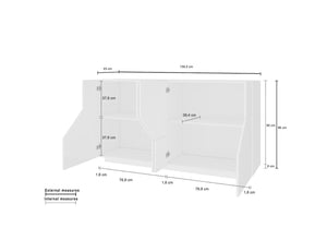 Credenza moderna a 4 ante geometriche, Made in Italy, Madia da cucina, Buffet di design da soggiorno, Cm 159x43h86, Bianco lucido