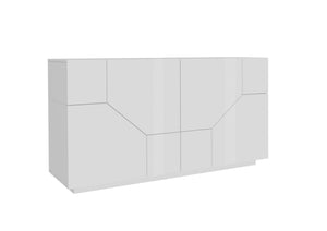 Credenza moderna a 4 ante geometriche, Made in Italy, Madia da cucina, Buffet di design da soggiorno, Cm 159x43h86, Bianco lucido