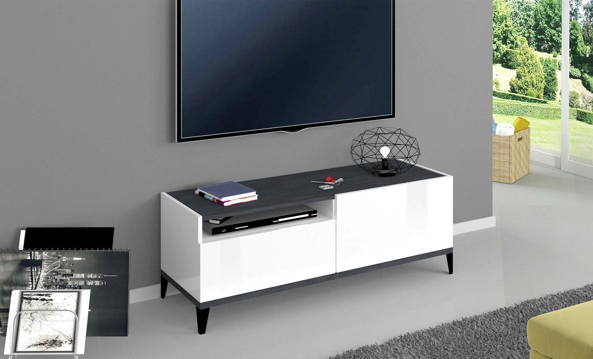 Mobile da soggiorno Porta TV, Made in Italy, Supporto per TV da salotto a 1 anta e 1 cassetto, Cm 120x40h47, Bianco lucido e Ardesia