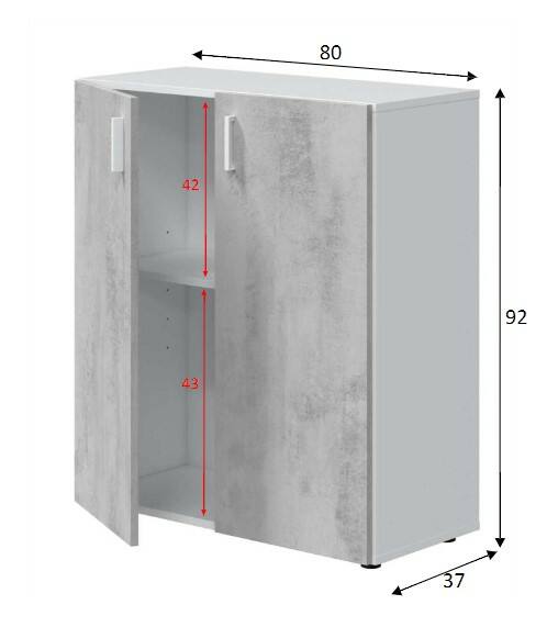 Armadio multiuso Hialeah, Mobile ausiliario basso, Scarpiera a 2 ante battenti e 1 ripiano, Mobile portascarpe, cm 80x37h92, Cemento e Bianco