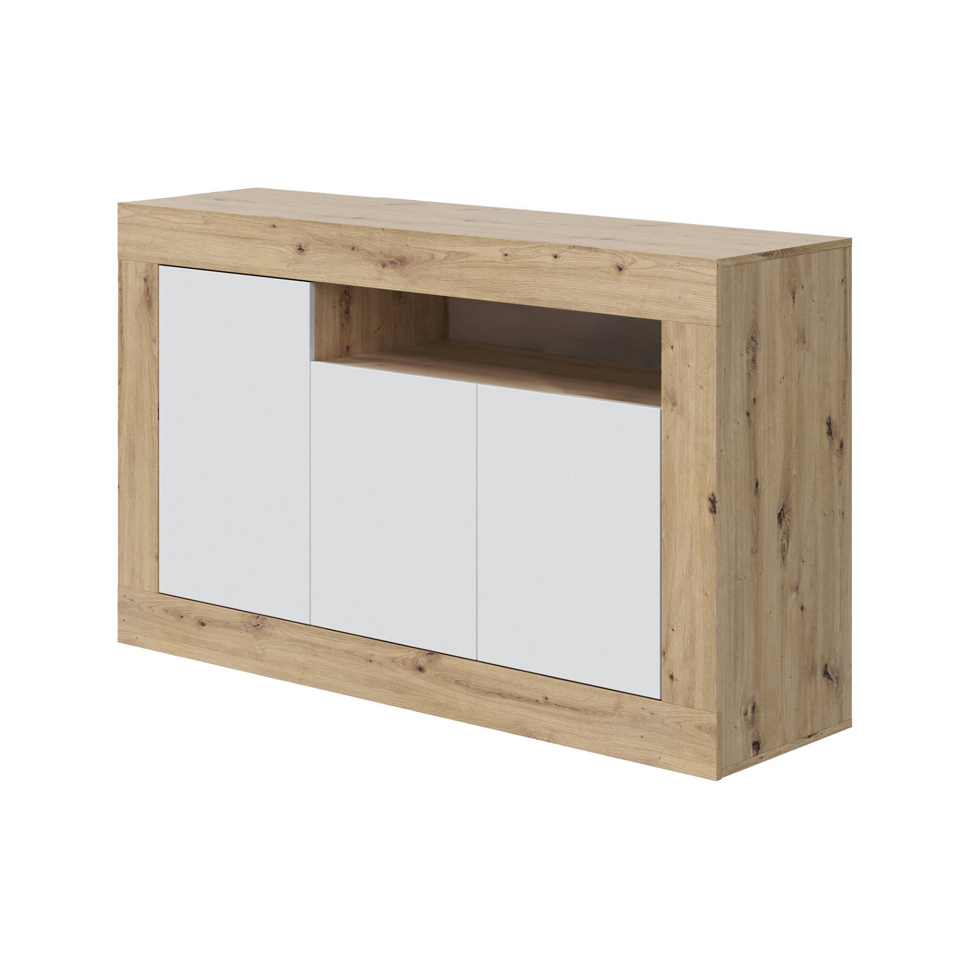 Credenza Thornton, Madia moderna a 3 ante, Buffet da soggiorno porta TV, cm 144x42h87, Rovere nodi e Bianco