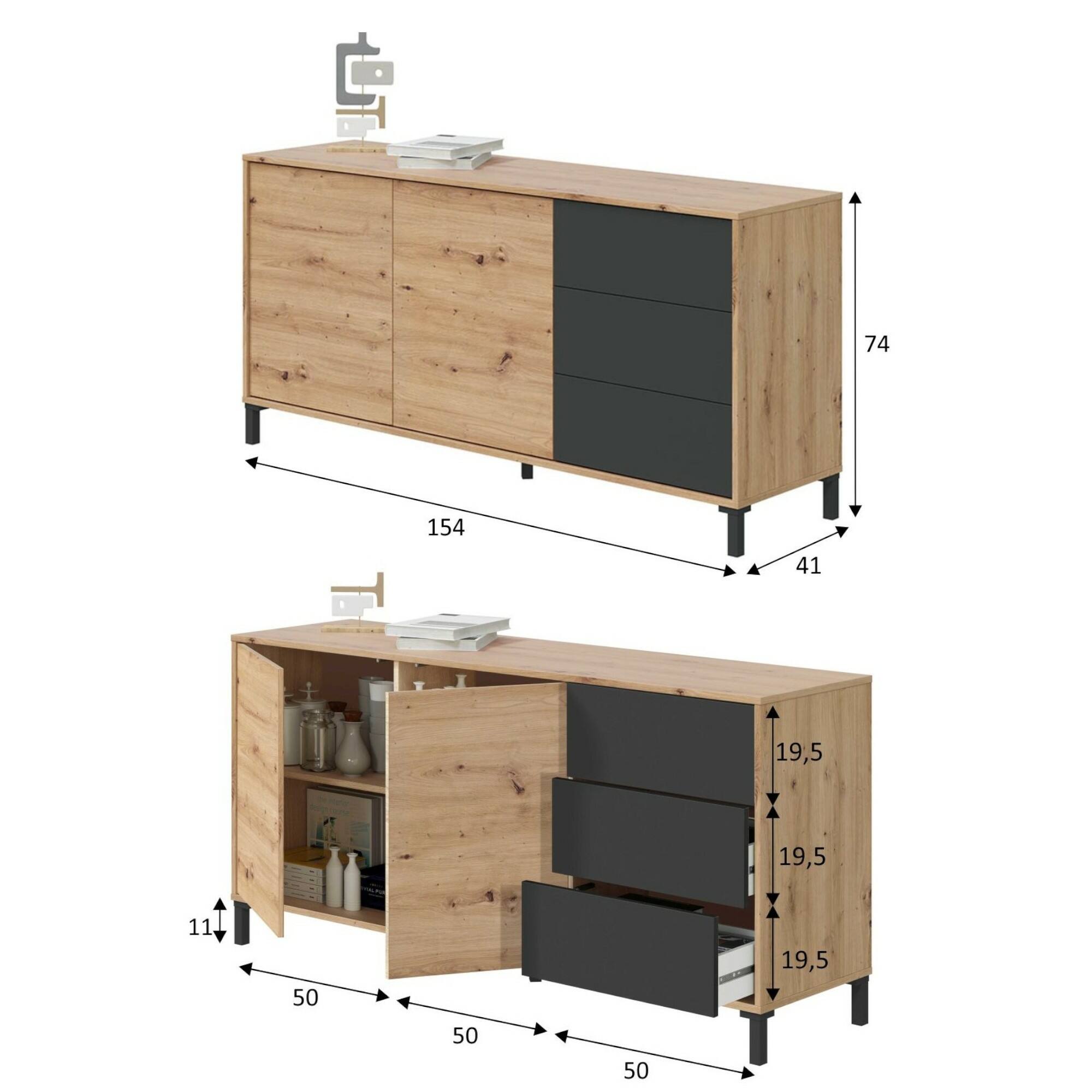 Credenza Concord, Madia moderna a 2 ante e 3 cassetti, Buffet da soggiorno, Mobile porta TV, Madia per salotto, cm 154x41h74, Rovere nodi e Antracite