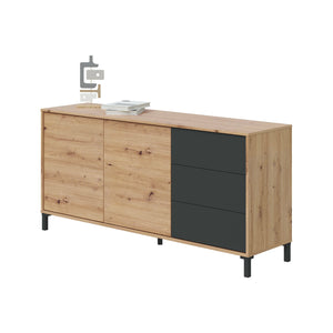 Credenza Concord, Madia moderna a 2 ante e 3 cassetti, Buffet da soggiorno, Mobile porta TV, Madia per salotto, cm 154x41h74, Rovere nodi e Antracite