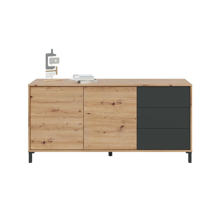 Credenza Concord, Madia moderna a 2 ante e 3 cassetti, Buffet da soggiorno, Mobile porta TV, Madia per salotto, cm 154x41h74, Rovere nodi e Antracite