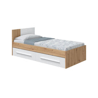 Letto singolo Anaheim, Letto singolo contenitore con testiera, Struttura per letto con 2 cassettoni per camera da letto, cm 196x97h41, Rovere nodi e Bianco