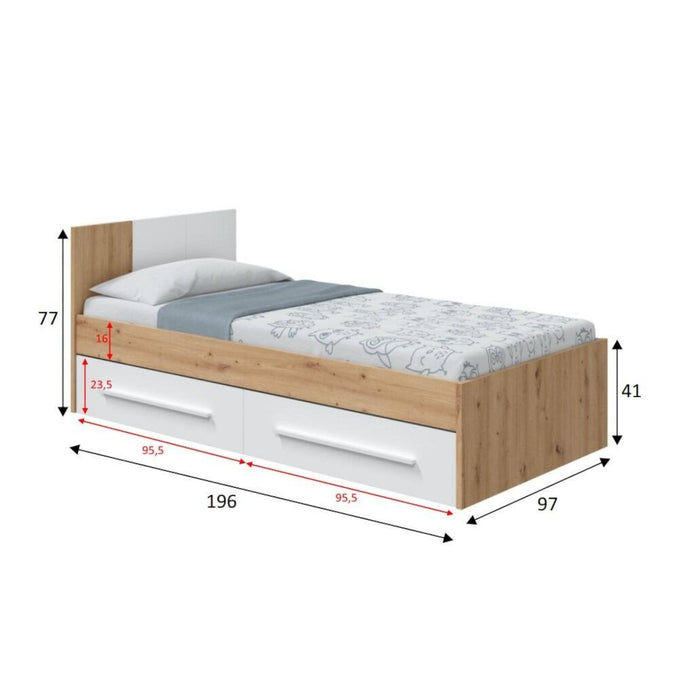 Letto singolo Anaheim, Letto singolo contenitore con testiera, Struttura per letto con 2 cassettoni per camera da letto, cm 196x97h41, Rovere nodi e Bianco