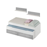 Letto singolo Fairfield, Struttura letto per cameretta, Letto singolo con lettino estraibile e 2 cassetti e mensola abbinata, cm 199x96h65, Bianco e Cemento