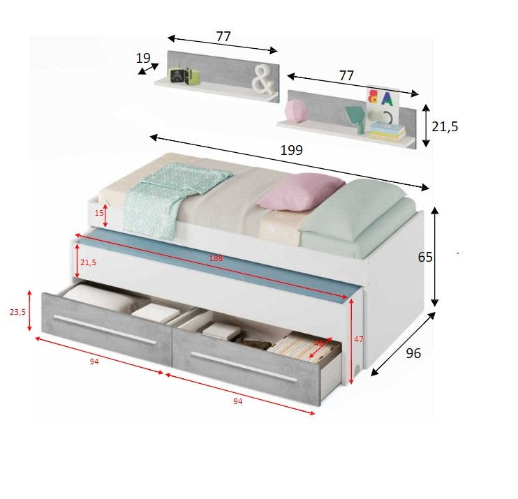 Letto singolo Fairfield, Struttura letto per cameretta, Letto singolo con lettino estraibile e 2 cassetti e mensola abbinata, cm 199x96h65, Bianco e Cemento