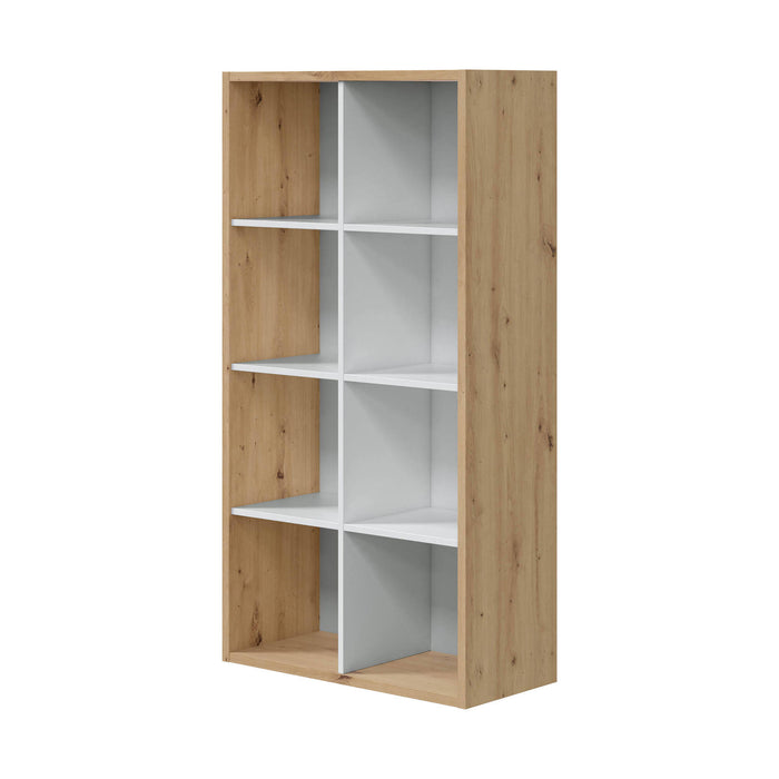 Libreria Sacramento, Mobile portalibri reversibile con 8 scomparti, Mobile Porta tv multiposizione, cm 72x33h137, Rovere effetto nodi e Bianco