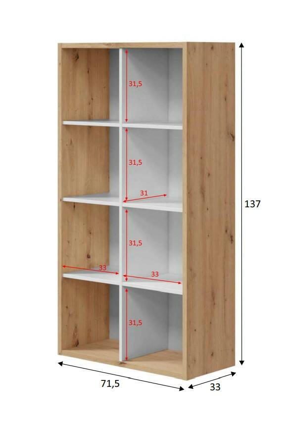 Libreria Sacramento, Mobile portalibri reversibile con 8 scomparti, Mobile Porta tv multiposizione, cm 72x33h137, Rovere effetto nodi e Bianco