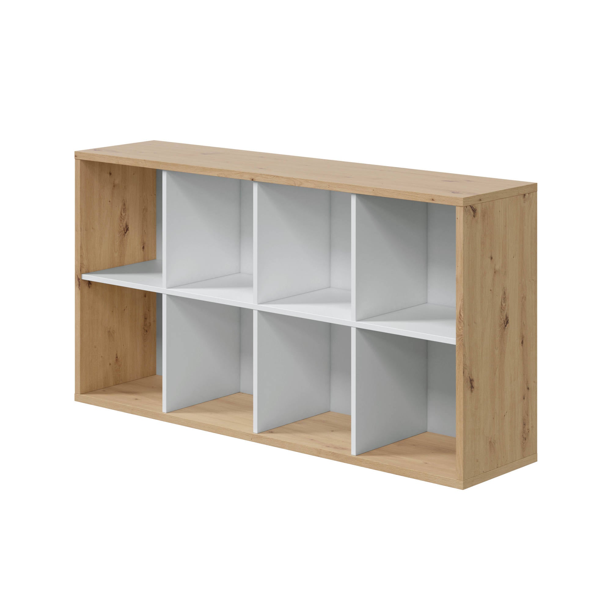 Libreria Sacramento, Mobile portalibri reversibile con 8 scomparti, Mobile Porta tv multiposizione, cm 72x33h137, Rovere effetto nodi e Bianco