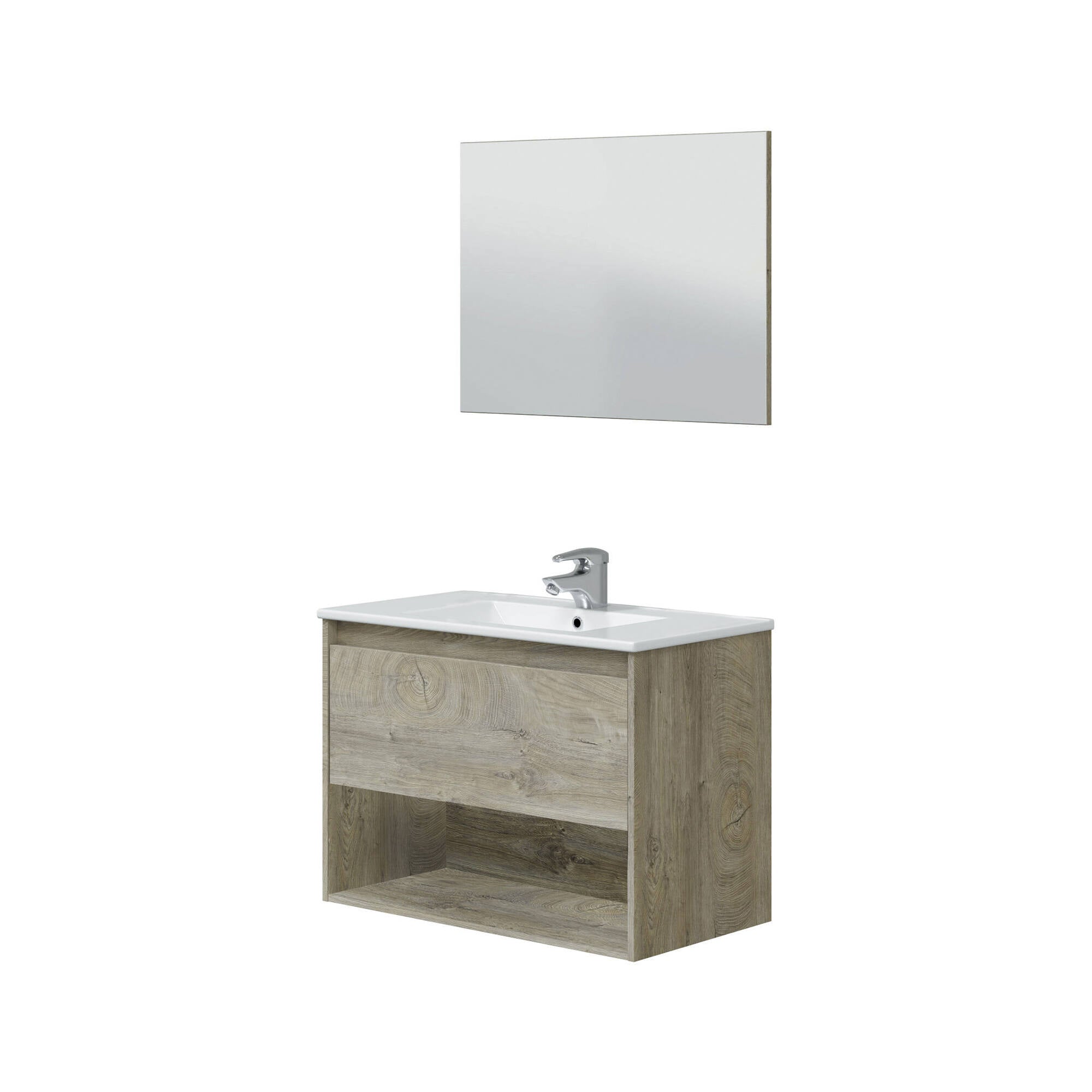 Mobile sottolavabo Montgomery, Mobiletto sospeso con 1 cassetto, Armadio per bagno con specchio, Lavabo escluso, cm 80x59h45, Rovere e Bianco