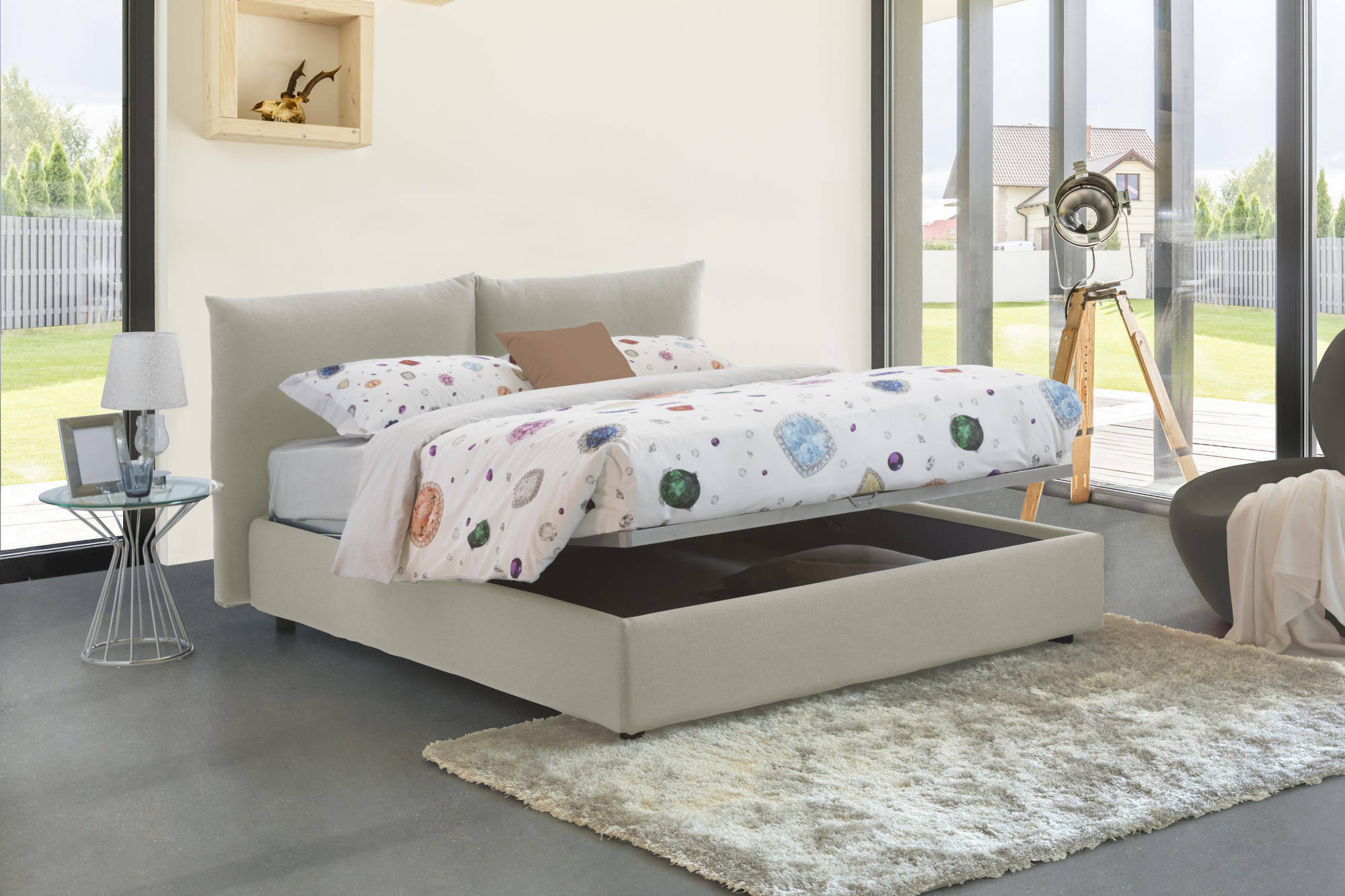 Letto matrimoniale Dbrekal, Letto contenitore con rivestimento in tessuto, 100% Made in Italy, Apertura frontale, con materasso Cm 160x190 incluso, Beige