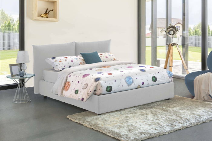 Letto matrimoniale Dbrunor, Letto contenitore con rivestimento in tessuto, 100% Made in Italy, Apertura frontale, con materasso Cm 160x200 incluso, Bianco