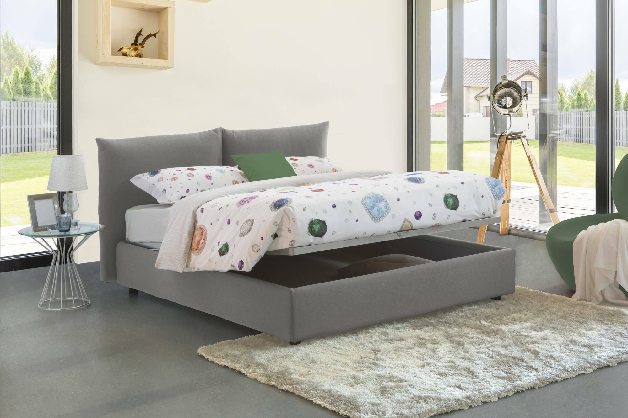 Letto matrimoniale Dbrunor, Letto contenitore con rivestimento in tessuto, 100% Made in Italy, Apertura frontale, con materasso Cm 160x200 incluso, Grigio