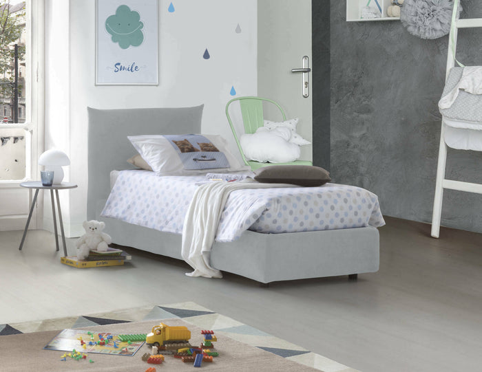 Letto singolo Dbut, Letto contenitore con rivestimento in tessuto, 100% Made in Italy, Apertura frontale, con materasso Cm 80x190 incluso, Bianco