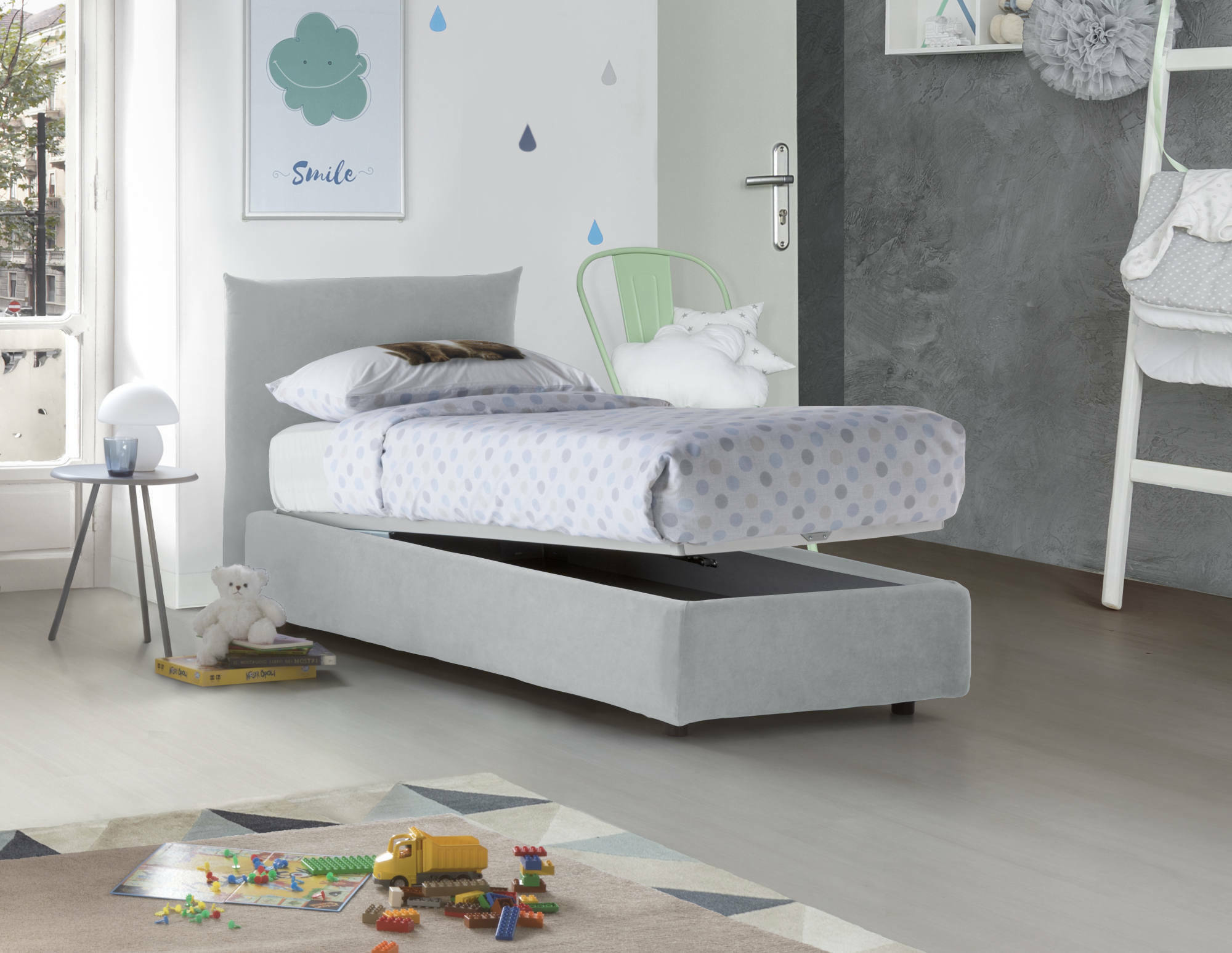 Letto singolo Dbut, Letto contenitore con rivestimento in tessuto, 100% Made in Italy, Apertura frontale, con materasso Cm 80x190 incluso, Bianco