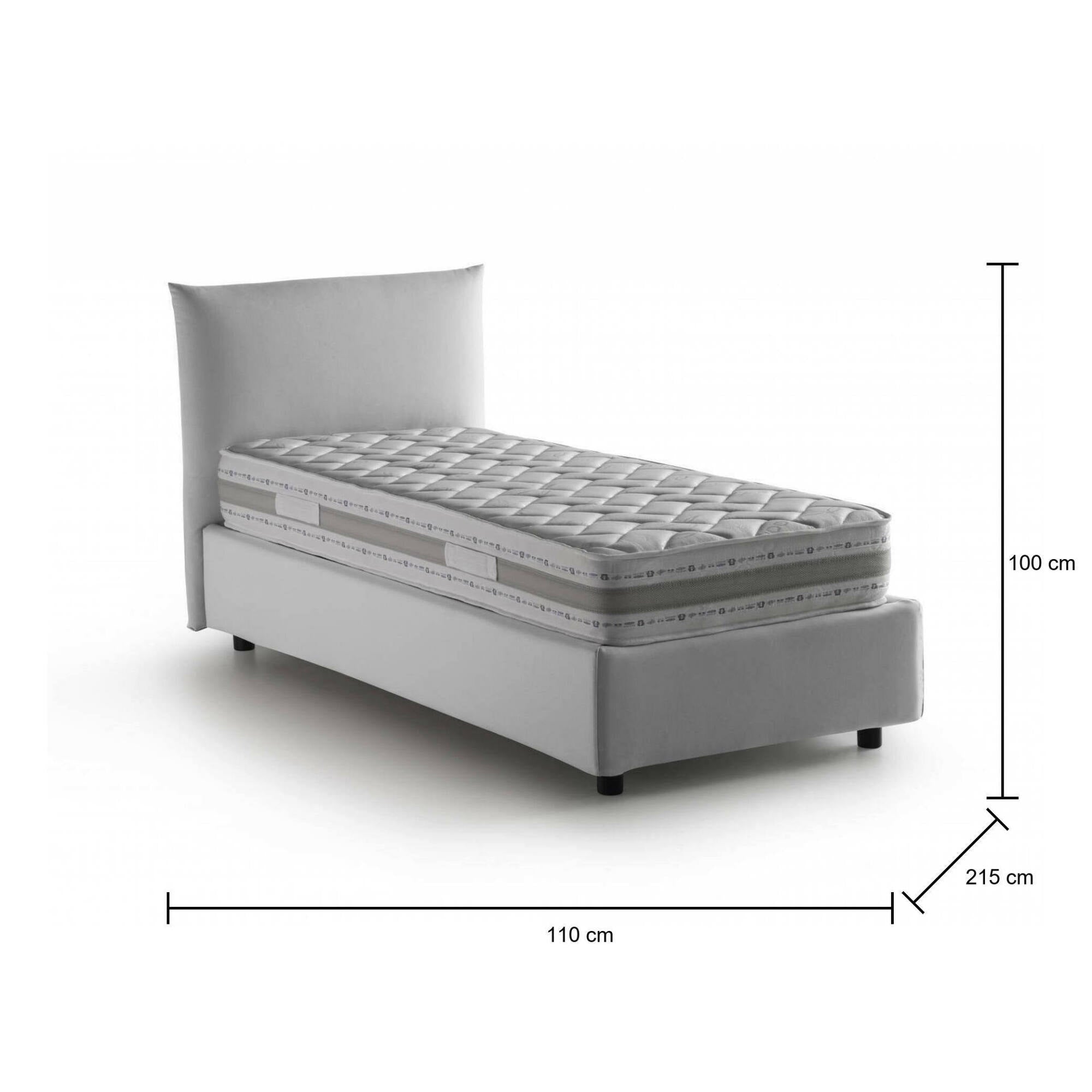 Letto singolo Dborbe, Letto contenitore con rivestimento in tessuto, 100% Made in Italy, Apertura laterale, con materasso Cm 80x190 incluso, Bianco