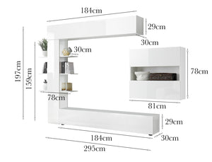 Parete attrezzata da soggiorno reversibile, Made in Italy, Mobile porta TV, Set salotto moderno, cm 295x30h197, colore Bianco lucido e Opaco