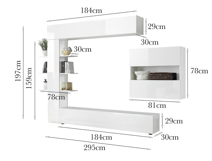 Parete attrezzata da soggiorno reversibile, Made in Italy, Mobile porta TV, Set salotto moderno, cm 295x30h197, colore Bianco lucido e Opaco