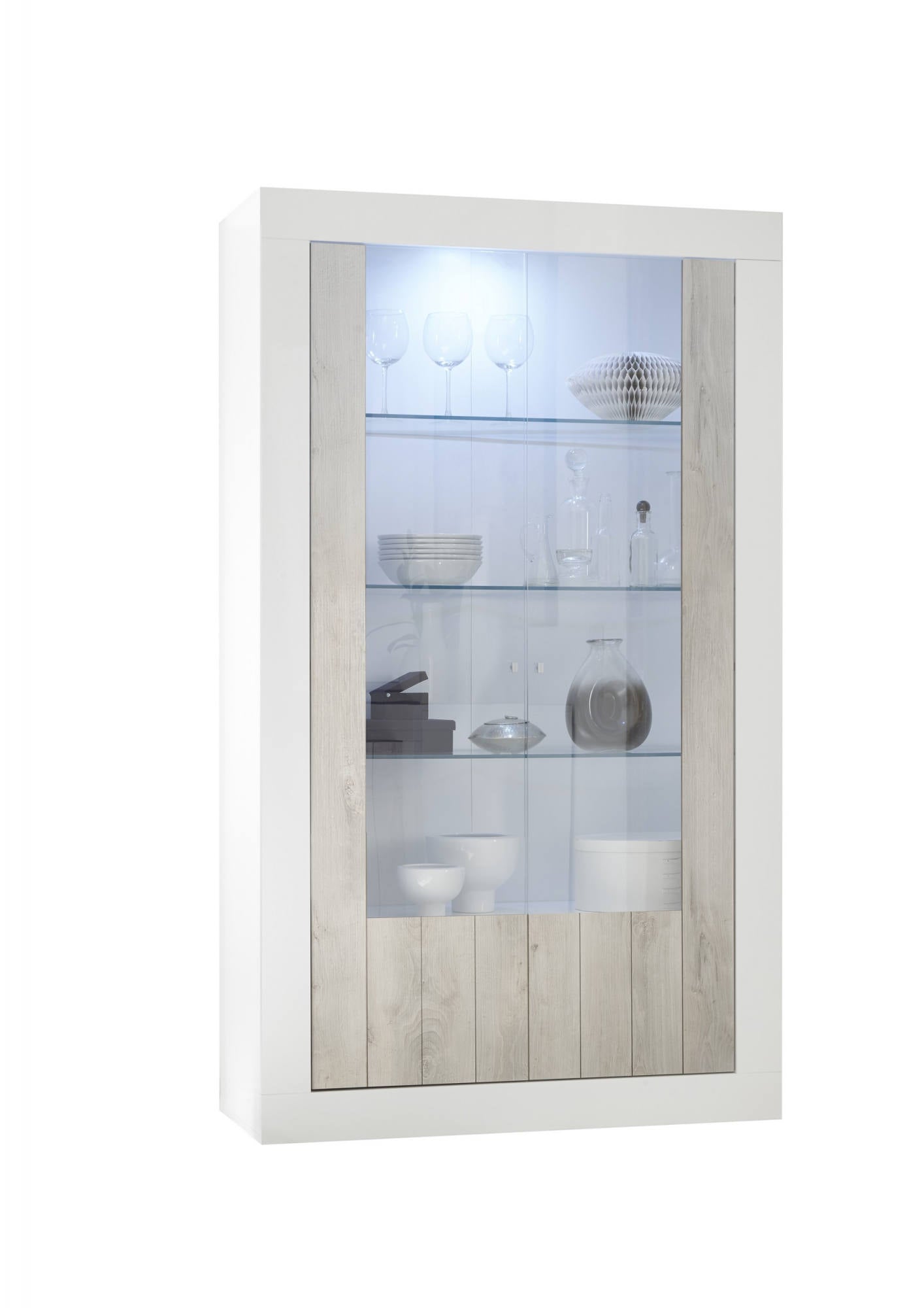 Vetrina moderna con scaffali, Made in Italy, Credenza con anta a vetro, Mobile da soggiorno, Vetrinetta, cm 110x42h190, colore Bianco lucido e Cemento