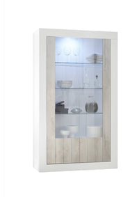 Vetrina moderna con scaffali, Made in Italy, Credenza con anta a vetro, Mobile da soggiorno, Vetrinetta, cm 110x42h190, colore Bianco lucido e Cemento