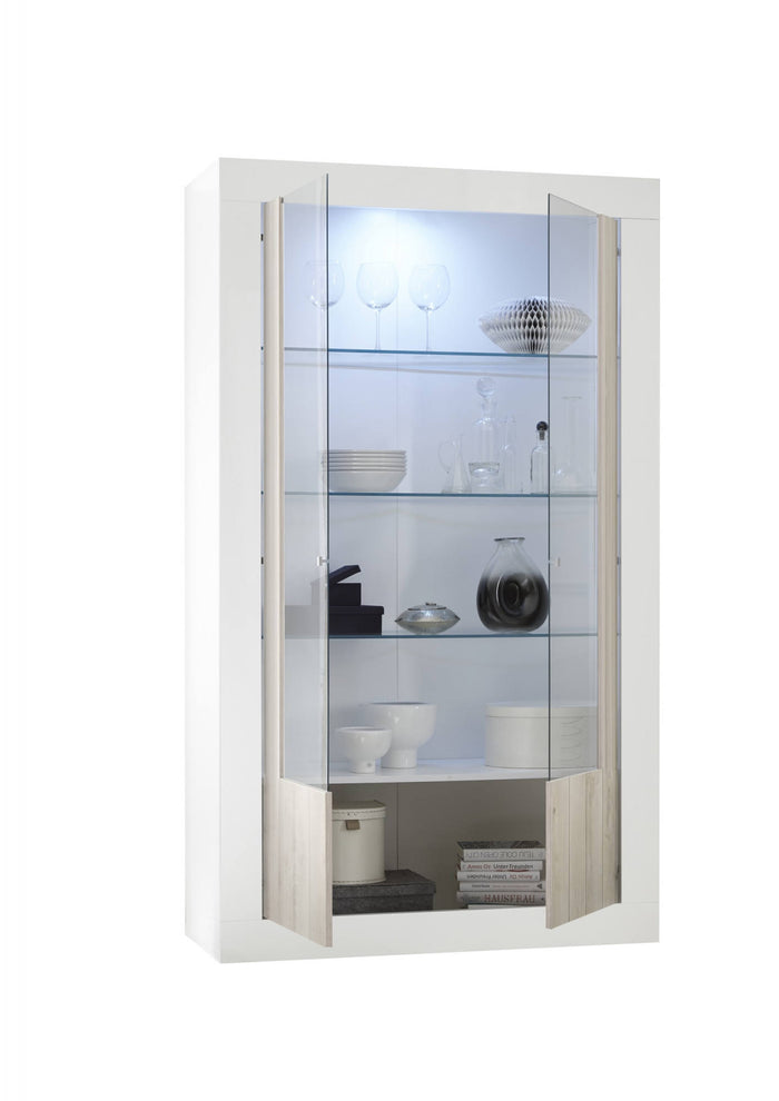 Vetrina moderna con scaffali, Made in Italy, Credenza con anta a vetro, Mobile da soggiorno, Vetrinetta, cm 110x42h190, colore Bianco lucido e Cemento