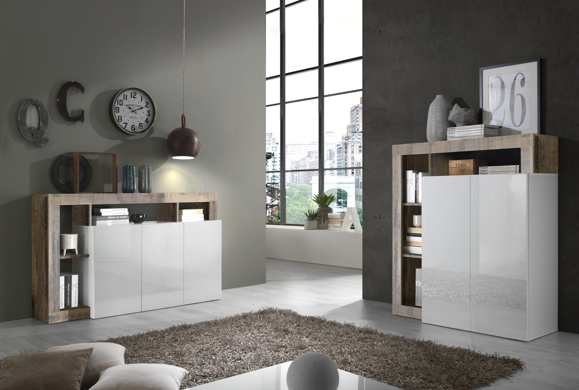 Credenza moderna a 3 ante a vani aperti, Made in Italy, Madia da cucina, Buffet di design da soggiorno, cm 146x42h93, colore Bianco lucido e Pero