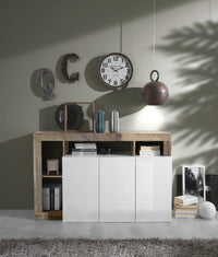 Credenza moderna a 3 ante a vani aperti, Made in Italy, Madia da cucina, Buffet di design da soggiorno, cm 146x42h93, colore Bianco lucido e Pero