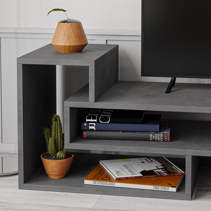 Mobile porta TV Fraga, Credenza moderna a ripiani, Mobile da soggiorno con vani a giorno, Cm 136x40h42, Cemento scuro