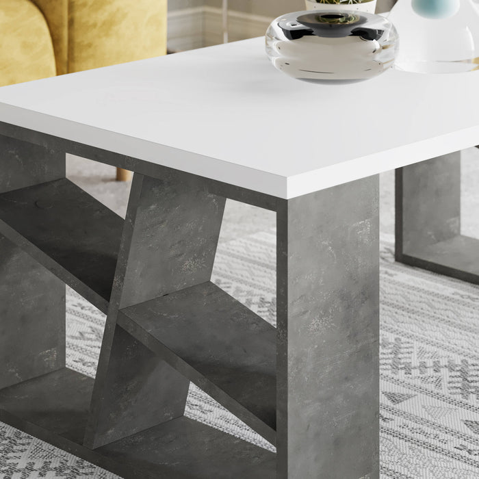 Tavolino da salotto Galapagar, Tavolino da caffè moderno geometrico, Tavolo basso da soggiorno, mobile portariviste, Cm 105x60h40, Bianco e Grigio