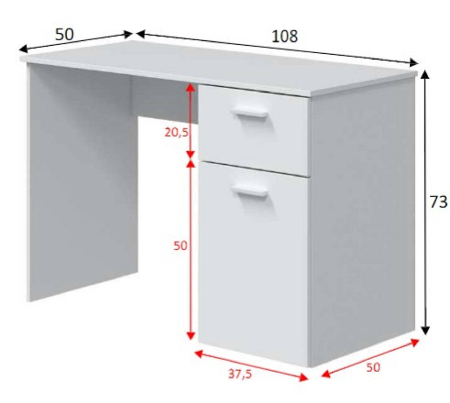 Scrivania Mckinney, Scrittoio con 1 cassetto e 1 anta, Tavolo da studio o ufficio porta PC, cm 108x50h73, Bianco